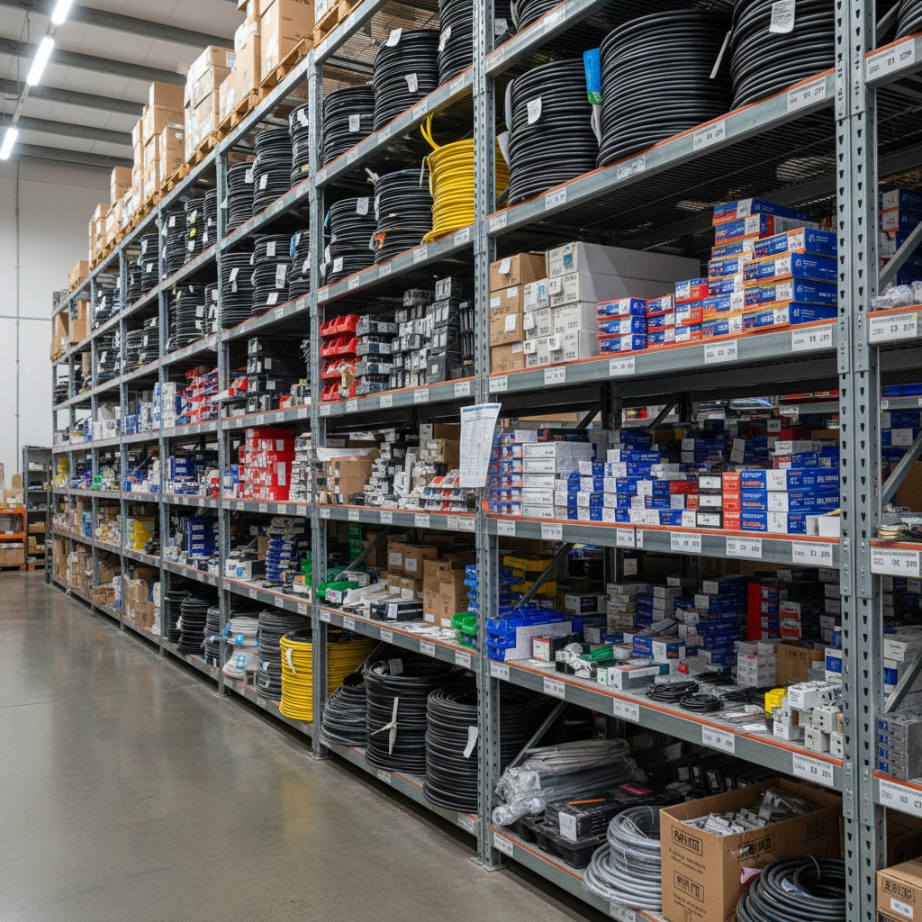 A large warehouse interior featuring tall metal shelving units packed with spools of wire, boxed parts, and various industrial supplies.