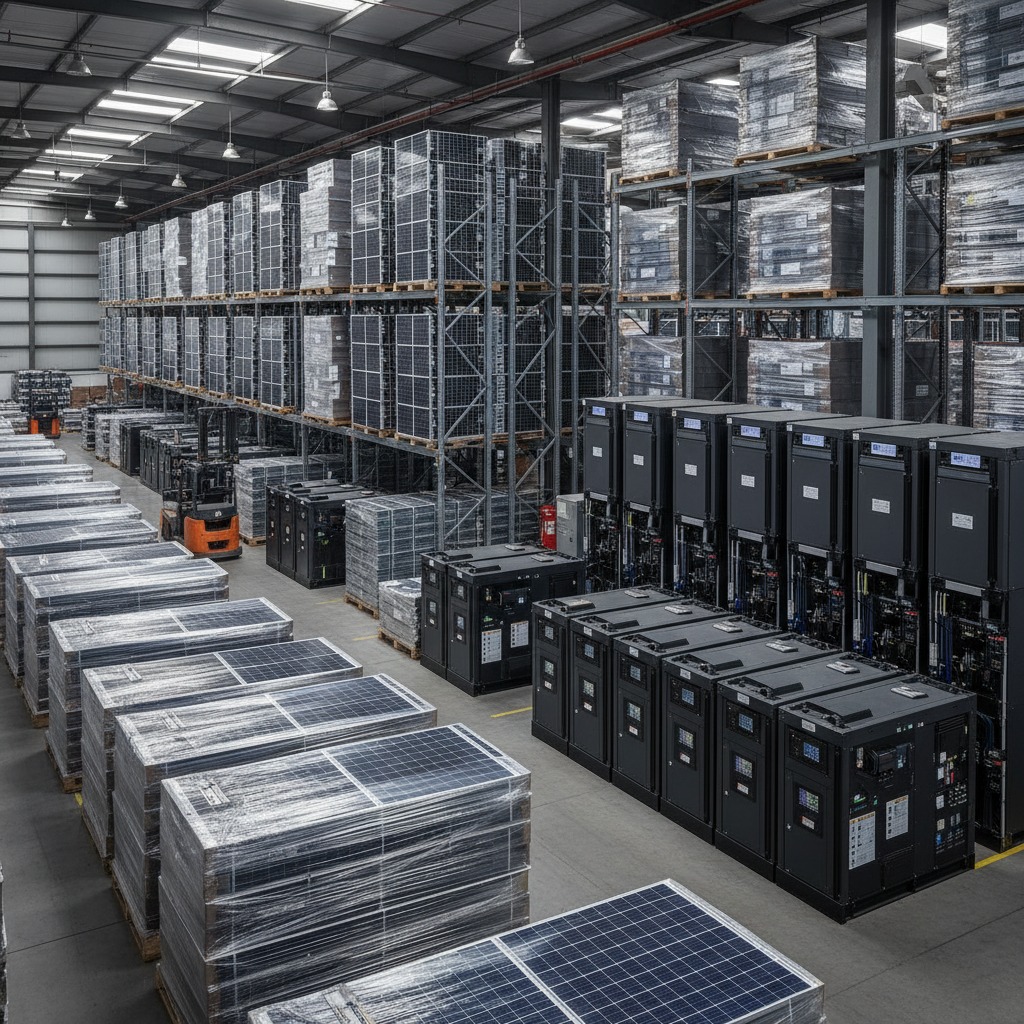 High racks of solar panels and heavy-duty industrial equipment fill a large, well-lit warehouse.