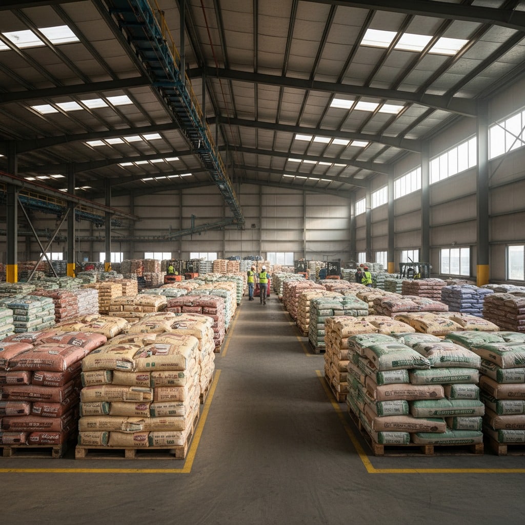 Workers in high-visibility vests walk down a wide aisle between tall stacks of bagged materials inside a massive, brightly lit industrial warehouse.