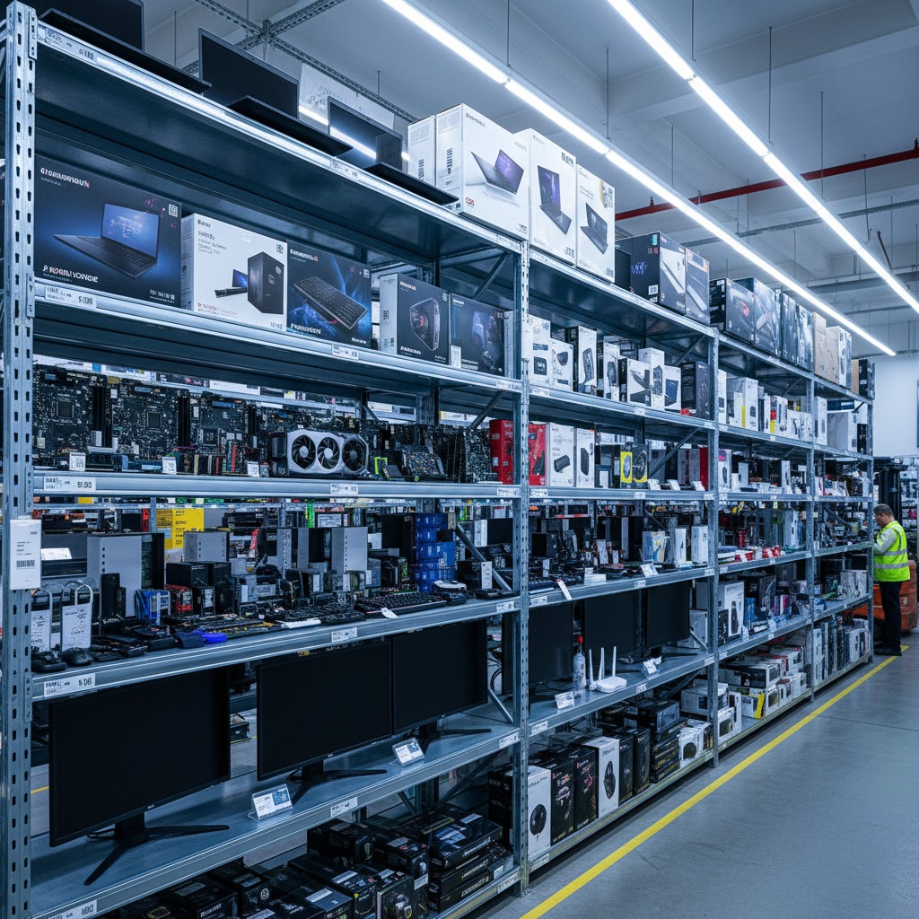 Tall metal shelves in a brightly lit warehouse hold rows of boxed electronics, computer components, and monitors, with a worker in a safety vest visible in the background.