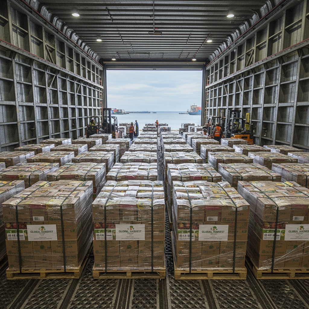 Rows of shrink-wrapped pallets filled with cardboard boxes sit inside the large, open cargo hold of a ship overlooking the ocean.